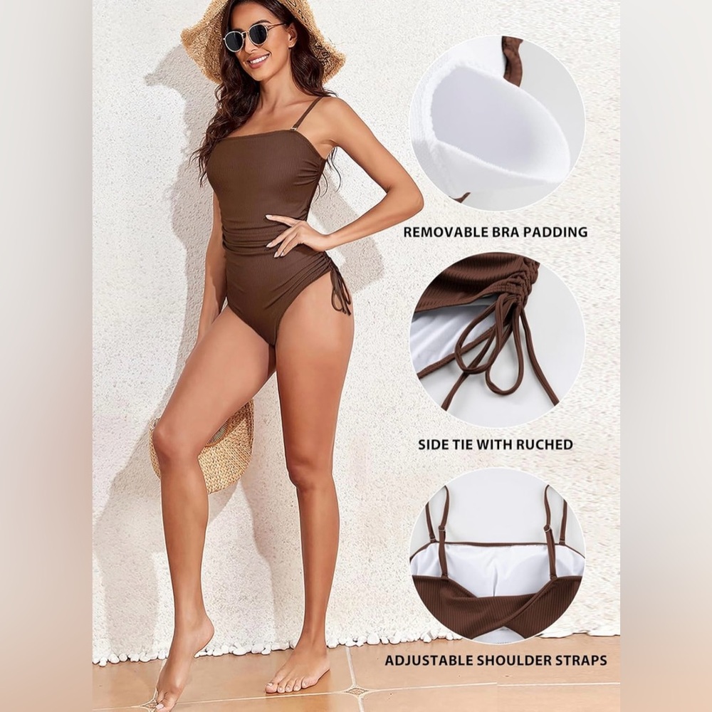 Aleumdr Women's Ribbed One Piece Tummy Control Swimsuit Cheeky Tie Side Size Sm - Picture 4 of 11